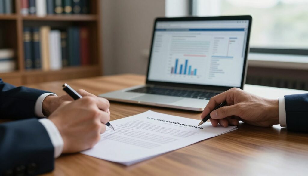 A focused scene depicting a formal office setting, showcasing a document labeled "orzeczenie niepełnosprawności" on a polished wooden desk. The foreground features a pair of professional hands, one holding a pen poised over the document, and the other resting beside it, symbolizing deliberation. In the middle ground, a laptop screen displays blurred graphs and data related to health and disability support, enhancing the theme. The background includes bookshelves filled with legal and medical texts, softly illuminated by natural daylight filtering through a window, providing a calm, productive atmosphere. The image conveys a sense of professionalism and seriousness, reflecting the importance of official documentation in managing health-related financial assistance. A focused scene depicting a formal office setting, showcasing a document labeled "orzeczenie niepełnosprawności" on a polished wooden desk. The foreground features a pair of professional hands, one holding a pen poised over the document, and the other resting beside it, symbolizing deliberation. In the middle ground, a laptop screen displays blurred graphs and data related to health and disability support, enhancing the theme. The background includes bookshelves filled with legal and medical texts, softly illuminated by natural daylight filtering through a window, providing a calm, productive atmosphere. The image conveys a sense of professionalism and seriousness, reflecting the importance of official documentation in managing health-related financial assistance.