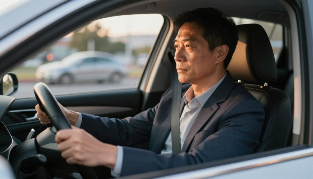 A focused scene of a person driving a car, depicting a serious yet calm expression. The driver is a middle-aged individual wearing smart casual attire, ensuring a professional look. In the foreground, the hands firmly grip the steering wheel, emphasizing a sense of control and attention. The middle ground captures the interior of the vehicle, showcasing a modern dashboard with soft glowing lights. In the background, a blurred cityscape rushes by, suggesting movement and the busyness of urban life. The lighting is warm and inviting, hinting at a late afternoon sun filtering through the windshield. The overall mood is one of determination and caution, highlighting the importance of safe driving post-surgery. The angle is slightly angled from the passenger side, enhancing the perspective of the driver’s focus on the road. A focused scene of a person driving a car, depicting a serious yet calm expression. The driver is a middle-aged individual wearing smart casual attire, ensuring a professional look. In the foreground, the hands firmly grip the steering wheel, emphasizing a sense of control and attention. The middle ground captures the interior of the vehicle, showcasing a modern dashboard with soft glowing lights. In the background, a blurred cityscape rushes by, suggesting movement and the busyness of urban life. The lighting is warm and inviting, hinting at a late afternoon sun filtering through the windshield. The overall mood is one of determination and caution, highlighting the importance of safe driving post-surgery. The angle is slightly angled from the passenger side, enhancing the perspective of the driver’s focus on the road.