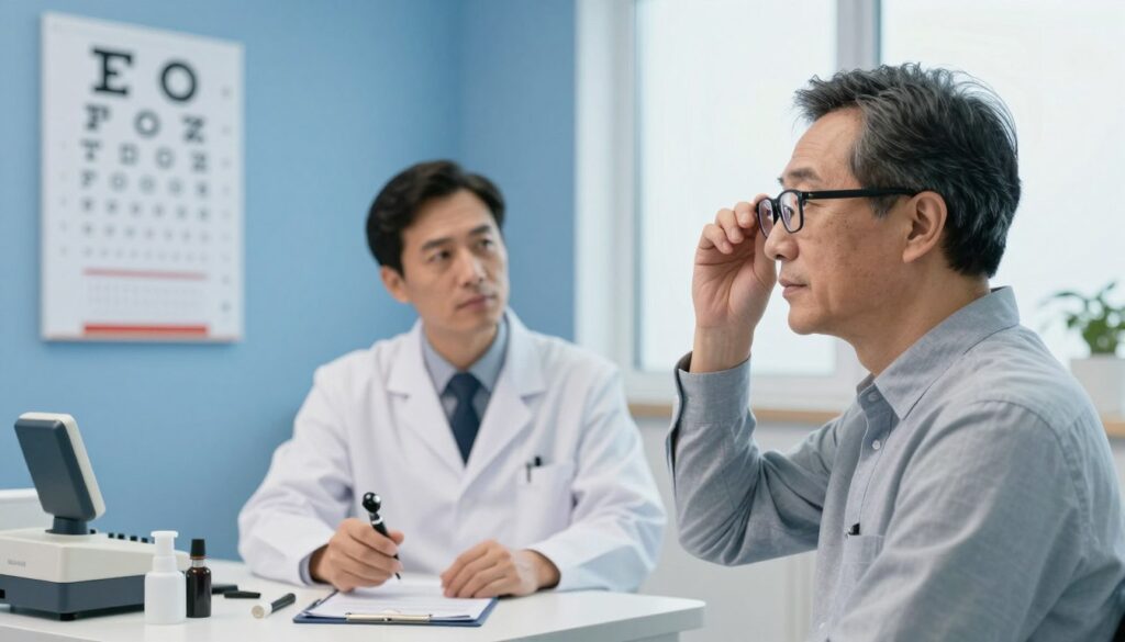 A focused, serene ophthalmology examination room with a patient preparing for an eye check-up. In the foreground, a well-dressed, middle-aged individual adjusting their eyeglasses, looking thoughtfully at an eye chart on the wall. In the middle ground, an ophthalmologist in a white lab coat, attentively reviewing tools like a tonometer and autorefractor, ready for the examination. The background features calming blue walls and soft lighting, with a large window allowing natural light to illuminate the space. The atmosphere is professional yet inviting, conveying the importance of thorough eye health checks. The lens should capture the details of the medical tools and the thoughtful expressions of the individuals, enhancing the mood of careful preparation and awareness.