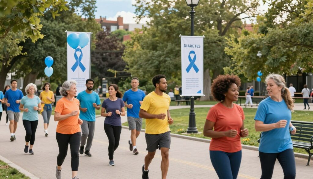 A global diabetes awareness day scene set in a harmonious urban park. In the foreground, diverse individuals of various ages and ethnic backgrounds are engaged in healthy activities, such as walking, jogging, and talking. They wear bright, casual athletic clothing, symbolizing unity and awareness. In the middle ground, strategically placed banners and balloons in shades of blue represent the global symbol for diabetes, creating a cheerful atmosphere. The background features lush trees and a clear blue sky, enhancing the sense of community and positivity. Soft, warm lighting bathes the scene, giving it an inviting feel. The angle is slightly elevated, capturing the vibrancy of the gathering while focusing on the individuals' expressions of determination and joy, emphasizing the importance of health awareness and education.