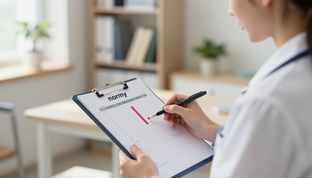 A healthcare professional positioned in the foreground, reviewing a patient's blood test results on a clipboard, representing the concept of "normy." The individual is dressed in professional business attire, exuding a sense of authority and expertise. In the middle ground, a softly blurred graphic chart depicting normal and abnormal blood test results is visible, emphasizing the topic of understanding lab results in relation to diabetes. The background features a warm, well-lit medical office, with shelves of medical books and a few plants, creating a calm, informative atmosphere. The lighting is bright, simulating natural sunlight pouring in through a window, while the camera angle is slightly elevated, providing a clear view of both the professional and the materials they are examining. The overall mood is one of professionalism, clarity, and hope.