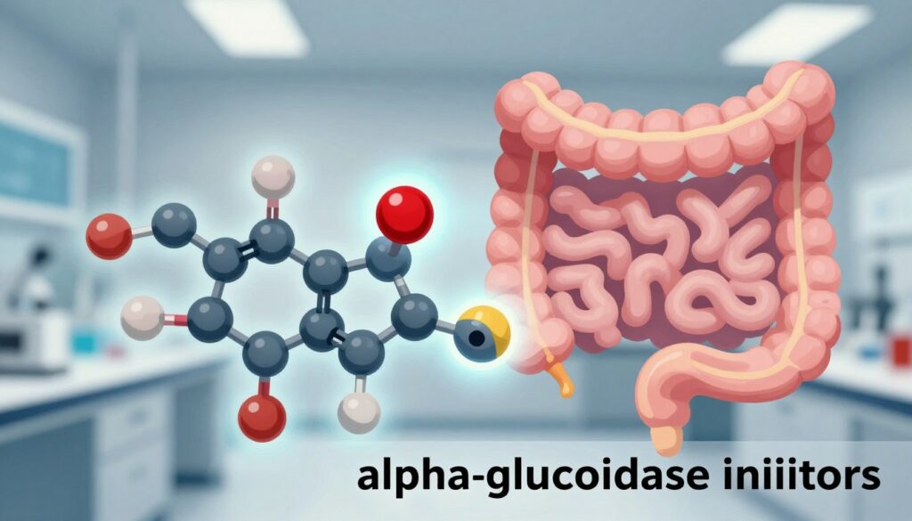 A highly detailed and informative illustration of alpha-glucosidase inhibitors, showcasing their molecular structure with emphasis on their inhibition mechanism. In the foreground, represent the enzyme complex with distinctive molecular bonds and active sites highlighted, using vivid colors to depict different elements. The middle ground should feature a stylized, scientifically accurate representation of a human gastrointestinal tract, illustrating where these inhibitors exert their effects. In the background, a soft-focus laboratory setting with subtle lighting creates a professional atmosphere, emphasizing the significance of this research. Include an ethereal glow around the enzyme to symbolize activity and influence. The overall mood should be educational, clear, and visually engaging, ensuring a precise and informative portrayal. A highly detailed and informative illustration of alpha-glucosidase inhibitors, showcasing their molecular structure with emphasis on their inhibition mechanism. In the foreground, represent the enzyme complex with distinctive molecular bonds and active sites highlighted, using vivid colors to depict different elements. The middle ground should feature a stylized, scientifically accurate representation of a human gastrointestinal tract, illustrating where these inhibitors exert their effects. In the background, a soft-focus laboratory setting with subtle lighting creates a professional atmosphere, emphasizing the significance of this research. Include an ethereal glow around the enzyme to symbolize activity and influence. The overall mood should be educational, clear, and visually engaging, ensuring a precise and informative portrayal.
