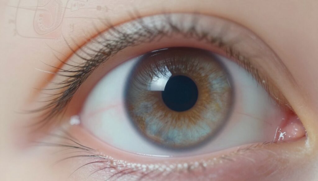 A highly detailed, close-up view of a human eye, focusing specifically on the crystalline lens, illustrating the beginnings of cataract formation. The lens should appear slightly cloudy, with variations in texture and color that evoke a sense of deterioration. In the background, softly blurred anatomical diagrams of the eye, enhancing the educational aspect while avoiding distraction. The lighting should be soft and diffused, mimicking natural daylight, to create a calm and clinical atmosphere. The angle should be slightly tilted to draw attention to the lens and its condition, emphasizing the transparency and clarity differences. No human subjects should be present. The overall mood is informative and scientific, suitable for an educational context.