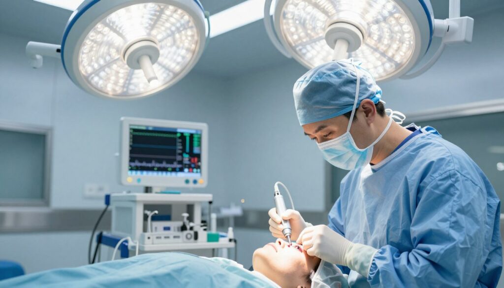 A highly detailed illustration of a cataract surgery procedure in a modern operating room. In the foreground, a surgeon in professional scrubs and a surgical mask is skillfully using a phacoemulsification device, focused on a patient's eye. In the middle ground, the operating table is well-lit, showcasing advanced surgical equipment and monitors displaying vital signs. The background features large surgical lights casting a bright, sterile atmosphere, enhancing the clinical environment. The color scheme is a mix of cool blue and white tones, conveying a sense of professionalism and precision. The mood is intense yet calm, emphasizing the importance of timely surgery for eye health. The composition is dynamic, capturing the urgency of addressing cataracts without delay.