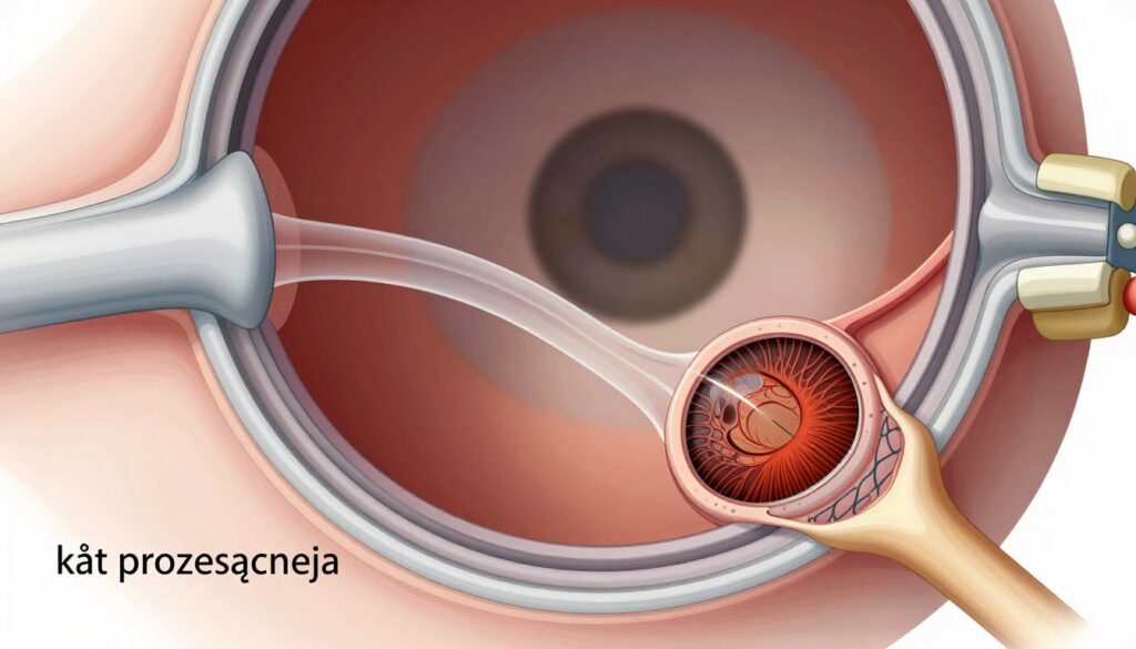 A highly detailed, scientific illustration of the "kąt przesączania" (drainage angle) in the human eye, depicted in a cross-sectional view. In the foreground, focus on the intricate structure of the trabecular meshwork and scleral spur, exhibiting a close-up of the drainage angle mechanism. The middle layer captures the aquous humor flowing through the angle, showcasing its pathway to the Schlemm's canal. In the background, the lens and retina are softly blurred, providing a context for the eye's overall anatomy. Soft, natural lighting highlights the textures and transparency of eye structures, creating an educational yet visually captivating atmosphere. The angle is viewed with a slight tilt, suggesting depth and inviting exploration into the mechanisms of glaucoma.