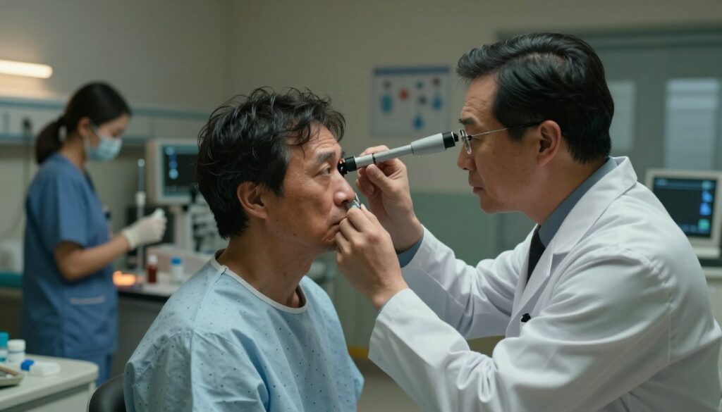 A hospital emergency room scene depicting the treatment of an acute glaucoma attack. In the foreground, a focused and compassionate doctor wearing a lab coat examines a patient's eye using a specialized medical device, emphasizing the precision of the procedure. The patient, a middle-aged individual dressed in a hospital gown, appears anxious but reassured. In the middle ground, nurses are preparing medications and adjusting equipment, creating a sense of urgency and professionalism. The background shows medical charts and dimly lit hospital lights, casting a sterile, clinical atmosphere. The image captures a moment of intense care and urgency, illuminated by soft, warm lighting to convey hope and the importance of vision preservation.