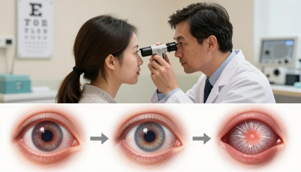 A medical illustration depicting various types of cataracts affecting the eye. In the foreground, showcase a detailed, close-up view of an eye with two types of cataracts: nuclear sclerotic cataract, appearing as a cloudy lens, and cortical cataract, showing white streaks. The middle layer features an eye doctor in a white coat, using an ophthalmoscope to examine the patient’s eye, conveying professionalism and care. The background should be a softly lit, sterile medical setting with equipment like an eye chart and surgical instruments blurred for depth. Use warm lighting to create an inviting atmosphere, emphasizing the importance of eye health. The overall tone should be informative and reassuring, suitable for a medical article. A medical illustration depicting various types of cataracts affecting the eye. In the foreground, showcase a detailed, close-up view of an eye with two types of cataracts: nuclear sclerotic cataract, appearing as a cloudy lens, and cortical cataract, showing white streaks. The middle layer features an eye doctor in a white coat, using an ophthalmoscope to examine the patient’s eye, conveying professionalism and care. The background should be a softly lit, sterile medical setting with equipment like an eye chart and surgical instruments blurred for depth. Use warm lighting to create an inviting atmosphere, emphasizing the importance of eye health. The overall tone should be informative and reassuring, suitable for a medical article.