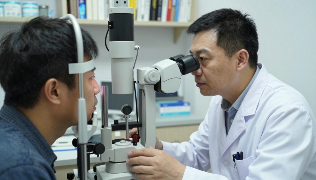 A medical office scene focusing on the diagnostic process of "diagnostyka kąta przesączania" related to neovascular glaucoma. In the foreground, a professional ophthalmologist in a white coat is examining a patient using a slit lamp, showcasing intricate details of the equipment. The middle layer displays a clear view of the patient’s eye through the device, highlighting the angle of aqueous humor drainage. In the background, shelves filled with medical books and instruments add to the clinical atmosphere. Soft, diffused lighting creates a calm and clinical environment. The angle is slightly elevated to capture both the patient and the specialist's focused expression, conveying professionalism and attentiveness in the diagnosis process.