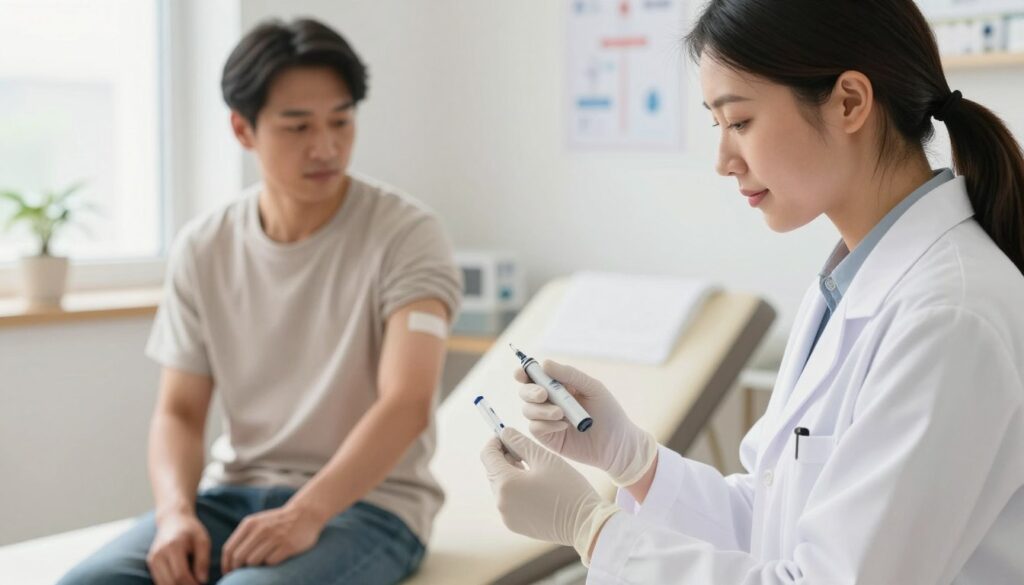 A medical professional administering insulin therapy in a clean, well-lit clinic setting. In the foreground, a focused healthcare worker wearing a white lab coat and medical gloves, preparing an insulin pen, with a gentle expression. The middle ground features a patient seated on an examination table, wearing a modest shirt, looking calm and composed, with a bandage on their arm from a previous injection. In the background, softly blurred medical equipment and charts can be seen, enhancing the clinical atmosphere. Warm, natural lighting streams in through a window, creating a welcoming and reassuring mood. The scene emphasizes the importance of managing diabetes treatment while addressing skin reactions from medications. The overall tone is professional and empathetic, capturing the essence of diabetes care. A medical professional administering insulin therapy in a clean, well-lit clinic setting. In the foreground, a focused healthcare worker wearing a white lab coat and medical gloves, preparing an insulin pen, with a gentle expression. The middle ground features a patient seated on an examination table, wearing a modest shirt, looking calm and composed, with a bandage on their arm from a previous injection. In the background, softly blurred medical equipment and charts can be seen, enhancing the clinical atmosphere. Warm, natural lighting streams in through a window, creating a welcoming and reassuring mood. The scene emphasizes the importance of managing diabetes treatment while addressing skin reactions from medications. The overall tone is professional and empathetic, capturing the essence of diabetes care.