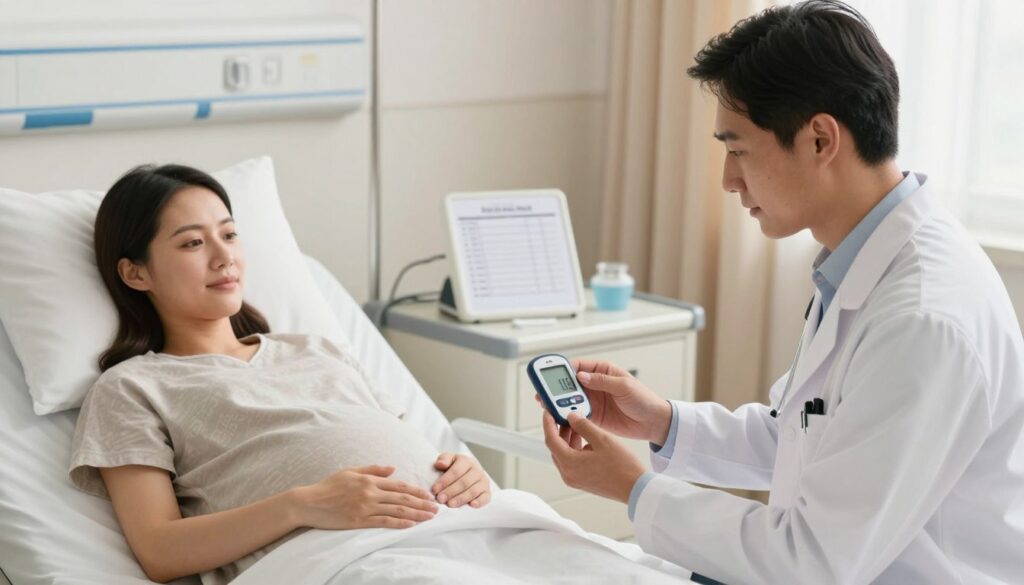 A medical professional in a white lab coat, checking a glucose monitoring device while standing next to a hospital bed, where a pregnant woman in modest casual attire is lying comfortably. The foreground should capture the focused expressions of both individuals, emphasizing the importance of blood sugar monitoring during childbirth. In the middle ground, include a readily visible medical chart and glucose meter on a bedside table. The background shows a softly lit hospital room with neutral tones, creating a calm and reassuring atmosphere. The lighting is bright but warm, creating a sense of hope and professionalism. Capture the moment from a slightly elevated angle, highlighting the interaction, while ensuring the mood is supportive and caring.