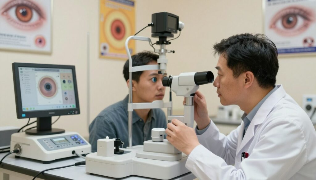 A medical scene depicting an eye care specialist in a modern clinic treating a patient for open-angle glaucoma. In the foreground, the specialist, dressed in professional medical attire, examines the patient's eye using a slit lamp, showcasing intricate detail of the optometric tools. The middle ground features various medical equipment, including an ocular tonometer and monitors displaying eye pressure readings. In the background, the clinic's walls are adorned with eye health posters and soothing colors, creating a calm atmosphere. Soft, warm lighting highlights the professionalism of the setting, emphasizing the importance of effective treatment in preserving vision. The focus is on the interaction between the specialist and the patient, conveying a sense of hope and care in the journey of managing glaucoma. A medical scene depicting an eye care specialist in a modern clinic treating a patient for open-angle glaucoma. In the foreground, the specialist, dressed in professional medical attire, examines the patient's eye using a slit lamp, showcasing intricate detail of the optometric tools. The middle ground features various medical equipment, including an ocular tonometer and monitors displaying eye pressure readings. In the background, the clinic's walls are adorned with eye health posters and soothing colors, creating a calm atmosphere. Soft, warm lighting highlights the professionalism of the setting, emphasizing the importance of effective treatment in preserving vision. The focus is on the interaction between the specialist and the patient, conveying a sense of hope and care in the journey of managing glaucoma.