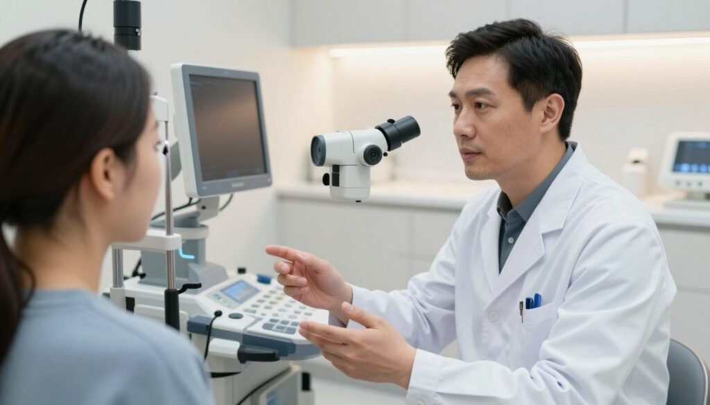 A medical scene depicting eye qualification for phacoemulsification. In the foreground, a professional healthcare provider in a clean, white lab coat is interacting with a patient, explaining details of the procedure. The middle ground features an examination table with advanced diagnostic equipment like an ophthalmic ultrasound machine and a slit lamp. The background includes a well-lit, modern ophthalmology clinic, with bright, soft lighting illuminating the space, creating a calm and reassuring atmosphere. The overall mood should convey professionalism and trust. The image should be shot from a slightly elevated angle to capture both the patient’s and the healthcare provider's expressions, focusing on their engagement.