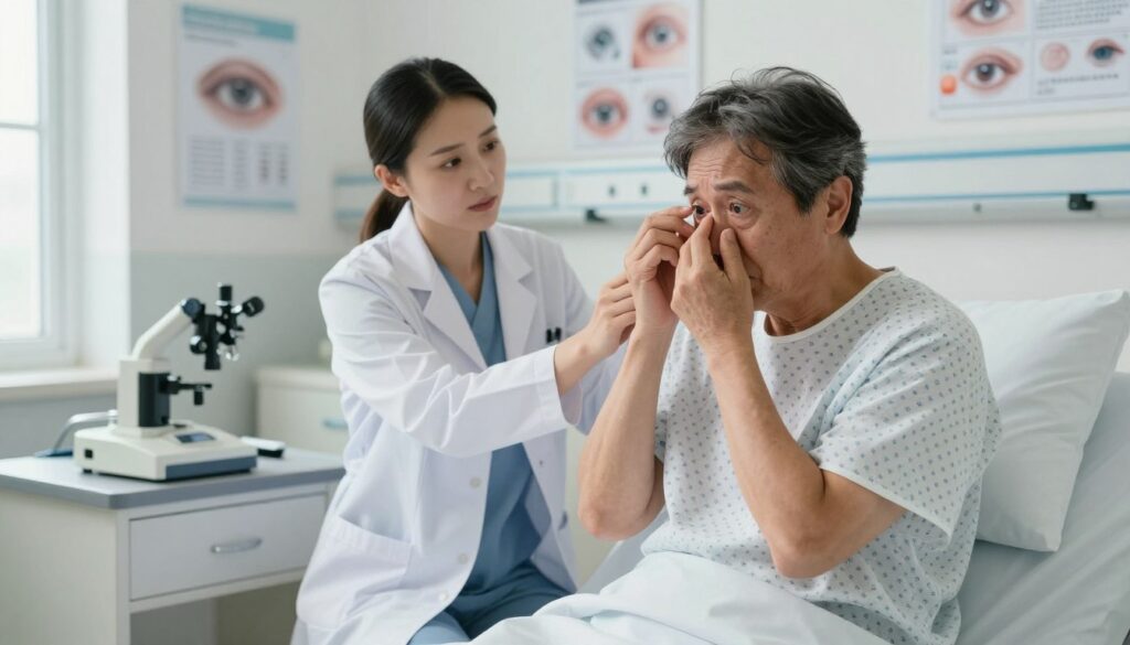 A medical scene depicting the warning signs after cataract surgery. In the foreground, a concerned middle-aged patient sitting on a hospital bed, wearing a simple hospital gown, is examining their eye with a worried expression. The middle ground features a medical professional in a white coat, gently advising the patient, with diagnostic tools like an ophthalmoscope on a table nearby. The background shows a well-lit hospital room, featuring medical posters about eye health on the walls. Soft, natural light is coming from a window, creating a calm atmosphere while reflecting the seriousness of post-surgery complications. Capture the emotions of uncertainty and care, focusing on the delicate balance between professional guidance and patient anxiety.