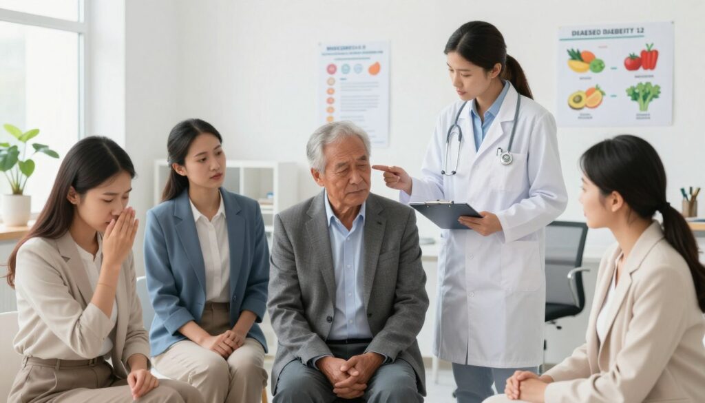 A medically themed illustration focusing on the symptoms of type 2 diabetes. In the foreground, depict a diverse group of individuals, including an older man and a young woman, both dressed in professional business attire, showcasing visible signs of diabetes symptoms such as fatigue, excessive thirst, and blurred vision. In the middle ground, incorporate a health care professional, gently explaining these symptoms, holding a clipboard with a diabetes awareness poster. The background should feature a well-lit doctor's office, with charts and healthy food models emphasizing lifestyle management. Use soft, natural lighting to create a calm atmosphere, shot from a slightly elevated angle to capture both the subjects and their environment effectively. Aim for a reassuring and informative mood, highlighting the need for awareness and management of diabetes symptoms.