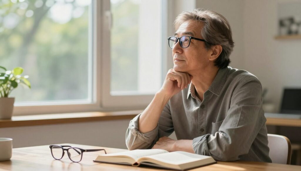 A middle-aged man with light brown hair, wearing stylish prescription glasses, sits at a wooden table in a bright, airy room. He is looking thoughtfully out of a large window with soft sunlight streaming in, illuminating his face. In the foreground, a pair of modern eyeglasses rests beside an open book, symbolizing focus and clarity. In the background, a soft-focus view of greenery outside enhances the calming atmosphere. The setting conveys a sense of contemplation and clarity, representing the transition after cataract surgery. The lighting is warm and inviting, with a shallow depth of field that draws attention to the man and the glasses. The mood is reflective and hopeful, capturing the essence of adapting to new vision. A middle-aged man with light brown hair, wearing stylish prescription glasses, sits at a wooden table in a bright, airy room. He is looking thoughtfully out of a large window with soft sunlight streaming in, illuminating his face. In the foreground, a pair of modern eyeglasses rests beside an open book, symbolizing focus and clarity. In the background, a soft-focus view of greenery outside enhances the calming atmosphere. The setting conveys a sense of contemplation and clarity, representing the transition after cataract surgery. The lighting is warm and inviting, with a shallow depth of field that draws attention to the man and the glasses. The mood is reflective and hopeful, capturing the essence of adapting to new vision.