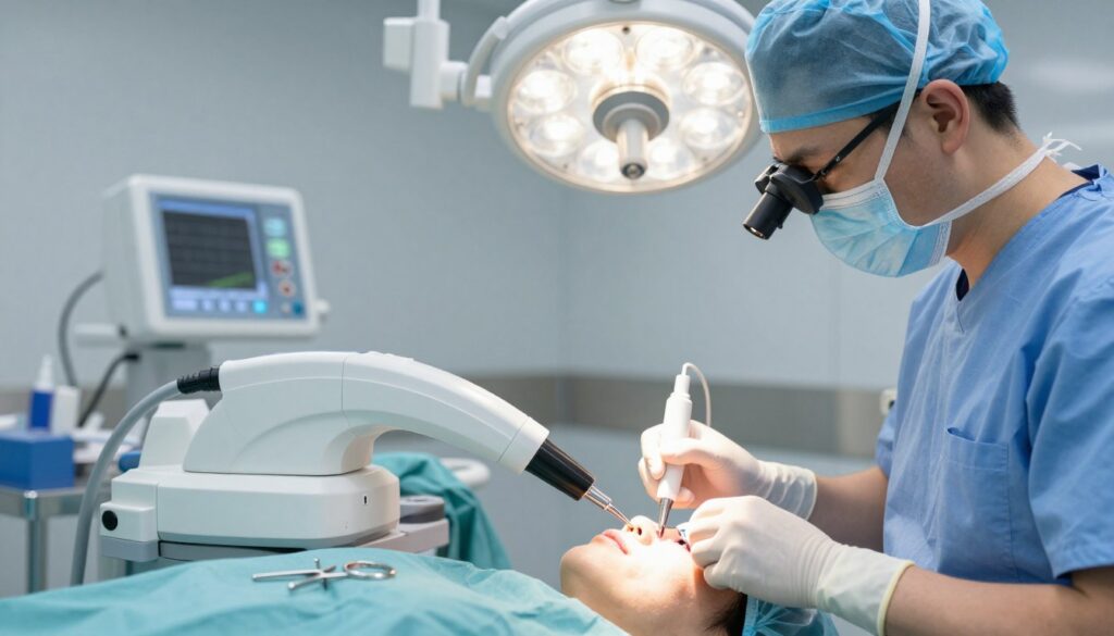A modern cataract surgery procedure in a well-lit, sterile medical environment. In the foreground, a focused ophthalmologist wearing professional attire and surgical gloves is operating a phacoemulsification machine. The middle ground features a patient lying on an examination table, with their eye being carefully examined under a bright surgical lamp. Instruments related to the procedure, such as ultrasonic probes and eye retractors, are clearly visible. In the background, soft-focus medical equipment adds depth, emphasizing the advanced technology used. The overall atmosphere is calm and professional, highlighting precision and innovation in cataract surgery. The lighting is bright and clinical, showcasing the details of the procedure without distractions.