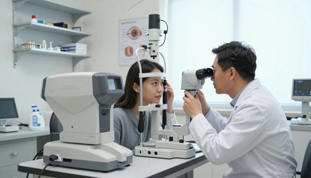 A modern eye examination room, featuring advanced diagnostic equipment such as a phoropter, retinal camera, and slit lamp, arranged neatly in the foreground. An eye specialist, dressed in professional attire, is attentively examining a patient's eyes using the slit lamp, showcasing a close-up of the interaction. The middle ground includes shelves with medical instruments and diagrams of the eye anatomy, creating a clinical yet inviting atmosphere. In the background, a large window allows soft, natural light to illuminate the room, adding a sense of calmness and professionalism. The overall mood is one of meticulous care and expertise, emphasizing the importance of thorough eye diagnostics before cataract surgery.