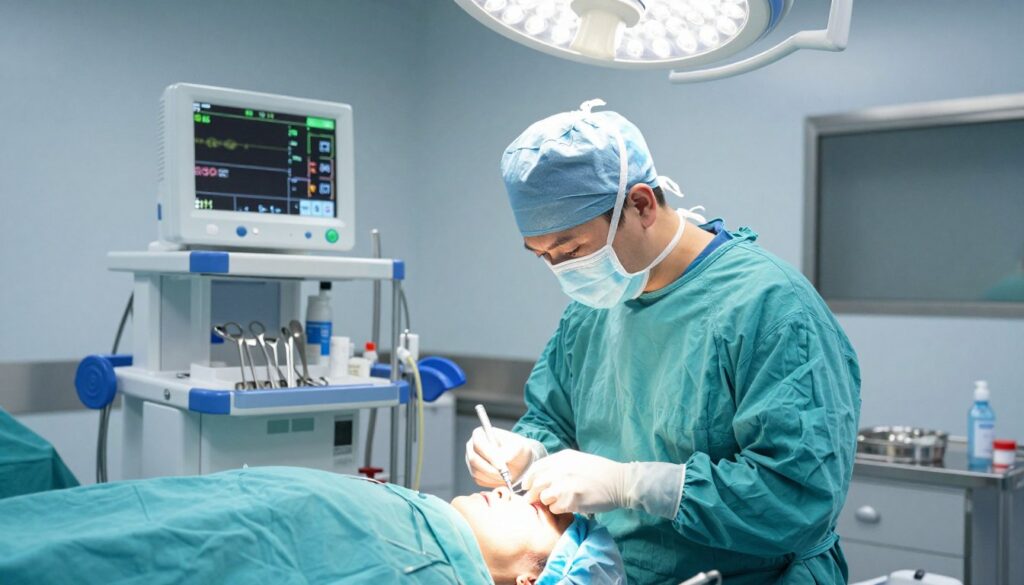 A modern operating room during a cataract surgery procedure involving glaucoma treatment. In the foreground, a skilled surgeon, dressed in teal scrubs and a surgical mask, is focused on a patient lying on the operating table. The middle ground features advanced surgical instruments arranged neatly and high-tech medical equipment displaying vital signs. In the background, soft, sterile lighting enhances the clinical atmosphere, illuminating the clean walls and surgical supplies. The composition captures the precision and concentration of the surgical team, creating a mood of professionalism and urgency. The scene is depicted from a slightly elevated angle to give a comprehensive view of the operation in progress, ensuring no personal identifiable details are shown, creating a safe and educational representation.