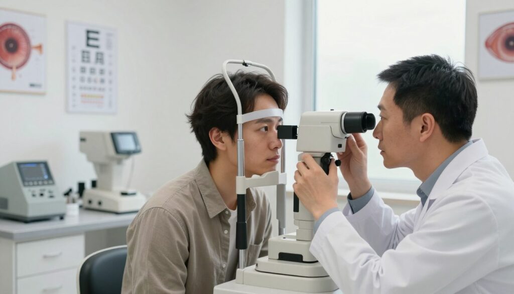 A modern ophthalmology clinic interior during a diagnostic examination of cataracts. In the foreground, a focused optometrist in a professional white coat closely examines a patient’s eye using a slit lamp. The patient, wearing modest casual clothing, appears calm and attentive. In the middle ground, display diagnostic equipment and eye charts in soft focus, suggesting a clinical environment. The background shows bright, clean walls adorned with anatomical eye images for educational purposes. Natural lighting filters through large windows, creating a warm and inviting atmosphere. The overall mood suggests professionalism and care, encapsulating the important theme of cataract diagnosis.