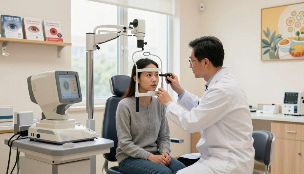 A modern ophthalmology clinic interior, featuring a patient seated in a comfortable examination chair, with a compassionate eye care professional in a white lab coat conducting an eye examination. The foreground includes high-tech diagnostic equipment, such as a tonometer and a digital display showing eye pressure readings. In the middle ground, a large window allows natural light to pour in, illuminating the space and creating a warm atmosphere. The background showcases an organized shelf with eye care literature, promoting awareness of glaucoma, and calming artwork on the walls. The scene conveys a sense of hope and reassurance, with soft, diffused lighting that emphasizes professionalism and care.
