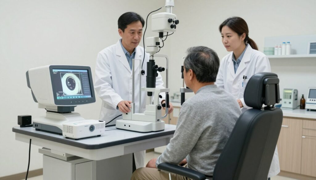 A modern ophthalmology clinic setting, focusing on a detailed examination of a patient's visual field. In the foreground, a middle-aged patient sits in a comfortable, adjustable examination chair, wearing modest casual clothing, looking attentively at a visual field test device. The ophthalmologist, a professional in a white lab coat, stands beside the patient, attentively providing guidance. The middle ground features advanced ophthalmic equipment like a white projector displaying visual stimuli. The background reveals a clean, well-lit clinic with soft, diffused lighting, enhancing the clinical yet approachable atmosphere. The scene conveys a sense of professionalism and care, emphasizing the importance of eye health and early detection of glaucoma. A modern ophthalmology clinic setting, focusing on a detailed examination of a patient's visual field. In the foreground, a middle-aged patient sits in a comfortable, adjustable examination chair, wearing modest casual clothing, looking attentively at a visual field test device. The ophthalmologist, a professional in a white lab coat, stands beside the patient, attentively providing guidance. The middle ground features advanced ophthalmic equipment like a white projector displaying visual stimuli. The background reveals a clean, well-lit clinic with soft, diffused lighting, enhancing the clinical yet approachable atmosphere. The scene conveys a sense of professionalism and care, emphasizing the importance of eye health and early detection of glaucoma.
