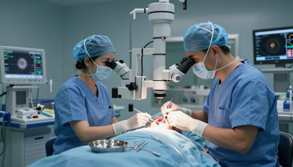 A modern ophthalmology operating room, featuring a surgeon in professional scrubs and a nurse assisting, both focused on advanced eye surgery. In the foreground, an illuminated surgical table with high-tech equipment and surgical instruments meticulously arranged. The middle ground highlights a detailed view of a patient's eye under a surgical microscope, emphasizing the cataract and glaucoma conditions being addressed. The background hints at monitors displaying eye health data, with soft, sterile lighting casting a calm atmosphere in the room. The overall mood conveys seriousness and professionalism, reflecting the complexity of combined eye diseases and the precision required for the operation.