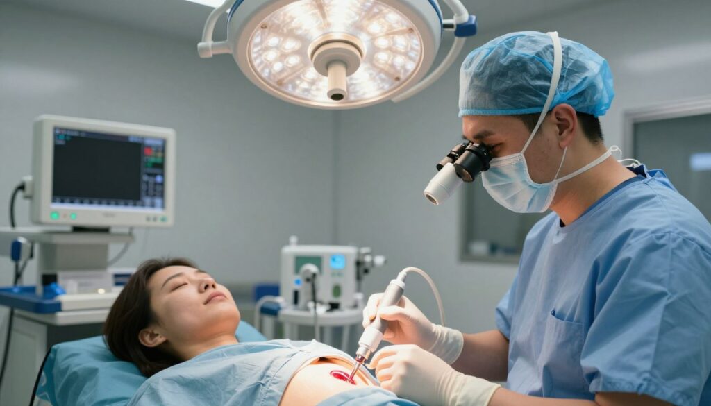 A modern ophthalmology operating room showcasing a cataract surgery procedure using phacoemulsification. In the foreground, a close-up view of a skilled ophthalmologist in professional attire, focused and confident as they operate sophisticated surgical equipment. The middle layer features a patient comfortably reclined on the surgical table, with a gentle overhead light illuminating their face, emphasizing a calm and reassuring atmosphere. In the background, detailed medical instruments and monitors are visible, enhancing the clinical setting. Soft, diffused lighting creates a sterile yet warm environment, conveying professionalism and care. The composition should reflect precision and advanced technology, evoking a sense of trust and expertise in a medical context.
