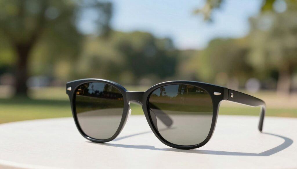 A pair of stylish, modern sunglasses prominently displayed in the foreground, showcasing their elegant design. The lenses reflect a bright, sunny outdoor scene, hinting at the importance of UV protection and blocking blue light after cataract surgery. The sunglasses, with a sleek black frame and gradient lenses, rest on a soft white surface, with subtle shadows adding depth. In the middle ground, a serene blurred park setting can be seen, complete with gentle sunlight filtering through the leaves of trees. The background features a clear blue sky, enhancing the feeling of a sunny day. The atmosphere is warm and inviting, emphasizing the essential role of sunglasses in eye safety and comfort post-surgery. A pair of stylish, modern sunglasses prominently displayed in the foreground, showcasing their elegant design. The lenses reflect a bright, sunny outdoor scene, hinting at the importance of UV protection and blocking blue light after cataract surgery. The sunglasses, with a sleek black frame and gradient lenses, rest on a soft white surface, with subtle shadows adding depth. In the middle ground, a serene blurred park setting can be seen, complete with gentle sunlight filtering through the leaves of trees. The background features a clear blue sky, enhancing the feeling of a sunny day. The atmosphere is warm and inviting, emphasizing the essential role of sunglasses in eye safety and comfort post-surgery.