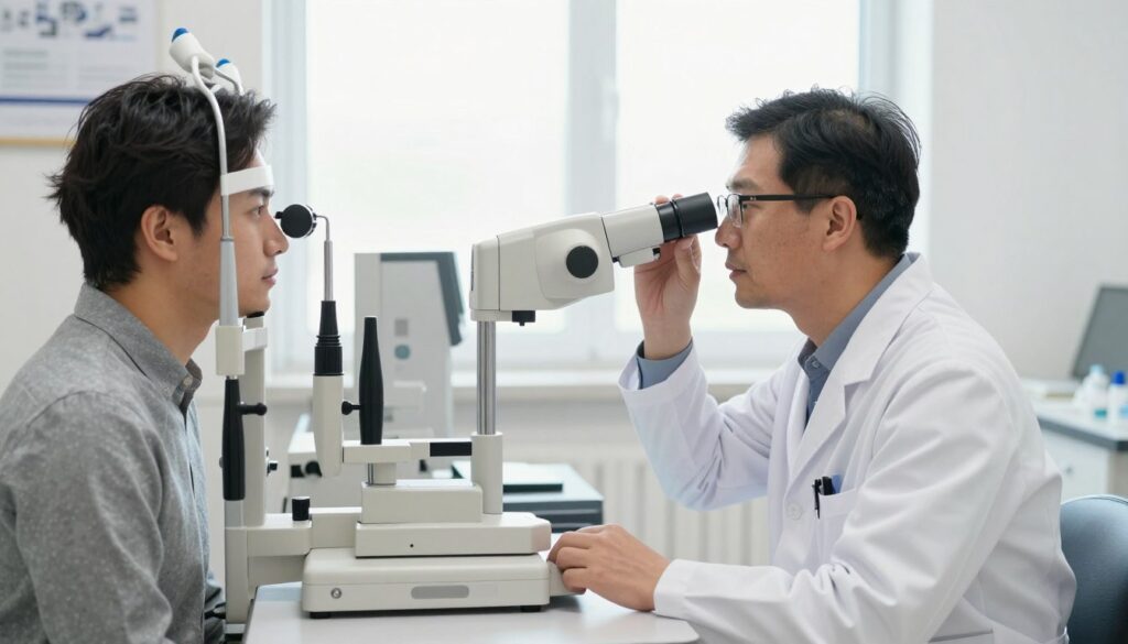 A professional eye examination setting showcasing a well-lit clinic environment. In the foreground, a qualified optometrist in a white lab coat, wearing glasses, attentively examines a patient's eyes using a modern autorefractor. The patient, dressed in smart casual attire, looks calm and engaged. In the middle ground, various ophthalmic equipment is neatly arranged, including a slit lamp and a visual field analyzer. The background features a large window with soft natural light streaming in, brightening the space. The atmosphere is focused and reassuring, emphasizing the importance of routine eye screenings and tests for glaucoma. The composition captures an air of professionalism, health, and care, making it ideal for an informative article section.