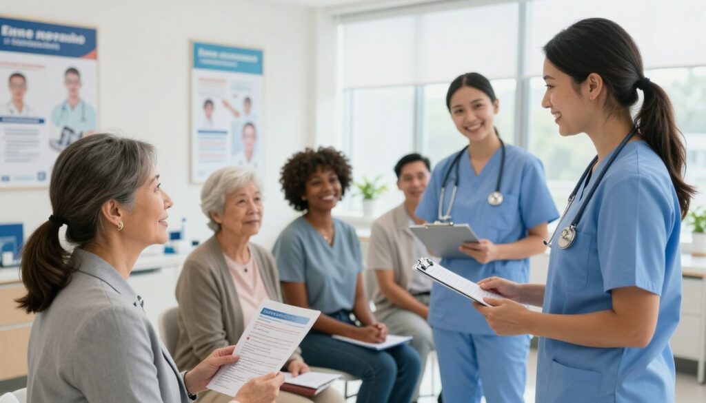 A professional healthcare setting showcasing a diverse group of people engaged in free health screenings. In the foreground, a middle-aged woman in professional attire interacts with a nurse, who is wearing scrubs and smiling, while holding a clipboard. In the middle ground, a small group of patients, comprising different ethnicities and ages, are seated with informative brochures about eye health. The background features brightly lit examination rooms and healthcare posters emphasizing the importance of eye screenings. Soft natural lighting pours in from large windows, creating a welcoming atmosphere. The overall mood is hopeful and proactive, encouraging community involvement in health awareness.