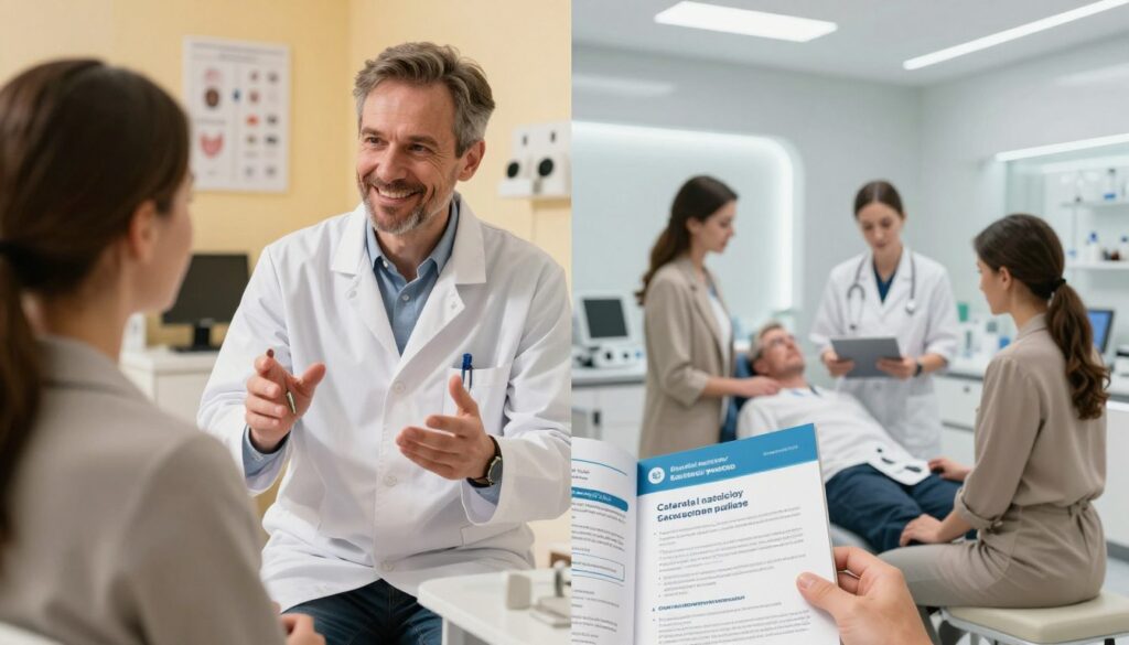 A professional medical scene depicting a patient consultation for cataract treatment in Poland, split into two sections. On the left, a doctor in a white coat explains the procedure under warm, inviting lighting, showcasing a medical setting with charts and equipment in the background. The doctor, a middle-aged man, appears friendly and approachable, emphasizing trust and expertise. On the right, an image of a private clinic option, featuring modern, sleek design and well-dressed staff members assisting patients, creating a feeling of comfort and care. The foreground shows a close-up of important medical brochures outlining treatment options. The overall mood is informative and reassuring, illustrating the pathway of cataract treatment through public health services and private healthcare options in an engaging way.
