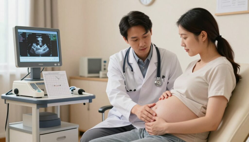 A professional medical setting focused on the assessment of fetal size in a pregnant woman diagnosed with gestational diabetes. In the foreground, a doctor in a white coat, with a stethoscope around their neck, is gently examining a pregnant woman's abdomen. The woman, wearing modest, casual clothing, appears focused and attentive. In the middle ground, there are medical equipment and fetal growth charts displayed on a nearby table, showcasing the concept of macrosomia and early delivery considerations. The background features a softly lit consultation room, with soothing colors to create a calm atmosphere for the expectant mother. The lighting is warm and inviting, giving the scene a reassuring feel, as if emphasizing the importance of prenatal care and monitoring.