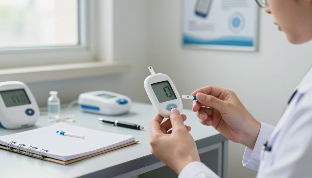 A professional medical setting focusing on blood sugar testing, featuring a close-up of a glucose meter displaying a digital reading. In the foreground, a healthcare professional, dressed in a white lab coat, is preparing a blood sample with a sterile lancet. The middle layer includes a table with medical equipment like test strips, a notebook, and a pen, conveying an organized environment. In the background, soft, natural lighting emanates from a window, creating a calm atmosphere. The walls are adorned with educational posters about diabetes management. The overall mood is focused and clinical, emphasizing precision and care in diabetes testing. A professional medical setting focusing on blood sugar testing, featuring a close-up of a glucose meter displaying a digital reading. In the foreground, a healthcare professional, dressed in a white lab coat, is preparing a blood sample with a sterile lancet. The middle layer includes a table with medical equipment like test strips, a notebook, and a pen, conveying an organized environment. In the background, soft, natural lighting emanates from a window, creating a calm atmosphere. The walls are adorned with educational posters about diabetes management. The overall mood is focused and clinical, emphasizing precision and care in diabetes testing.