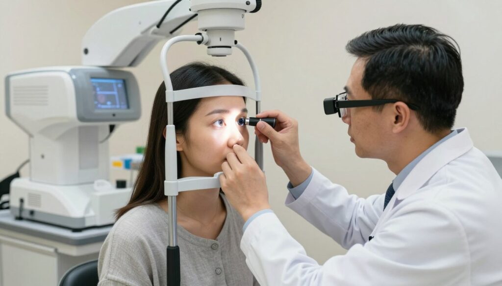 A professional ophthalmologist in a modern clinic setting, examining a patient’s eyes after laser vision correction surgery. In the foreground, a well-dressed doctor, wearing a white lab coat, attentively shines a specialized light into the patient’s eye, highlighting the intricate details of the cornea. The patient, wearing modest, casual clothing, appears calm and focused. In the middle ground, state-of-the-art laser equipment is visible, showcasing the high-tech environment of the surgery. The background features soft, diffused lighting that creates a serene and clinical atmosphere, conveying a sense of safety and professionalism. The image should emphasize clarity, precision, and the delicate nature of the eye examination, capturing the essence of post-operative care.