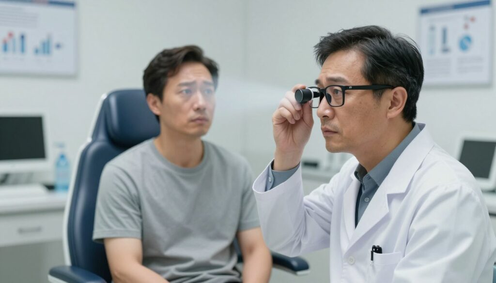 A professional ophthalmologist in a sterile clinical setting examines a patient with a concerned expression. The foreground features the doctor, wearing a white coat and glasses, using an eye examination tool, reflecting the urgency of the situation. The middle ground displays the patient, a middle-aged individual in modest clothing, sitting in an examination chair, looking anxious with blurred vision depicted by soft focus around their eyes. The background includes medical equipment and charts on the walls, adding to the clinical atmosphere. Soft, natural lighting illuminates the scene, creating a sense of clarity and urgency, while a subtle, hazy effect in the air symbolizes the foggy vision being addressed. The overall mood is serious yet professional, emphasizing the importance of seeking medical help.