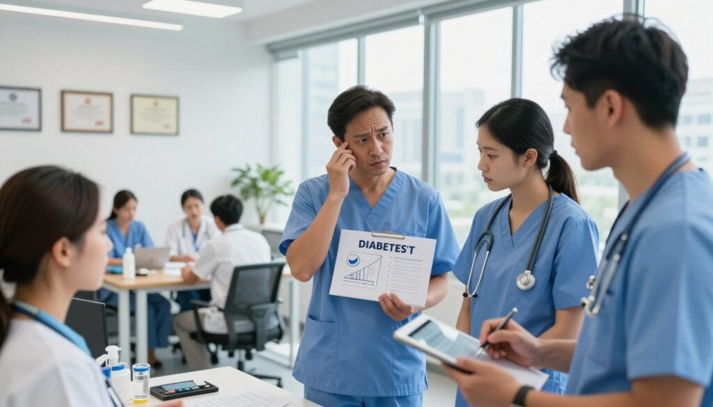 A professional scene showing healthcare workers in a modern, well-lit office environment. In the foreground, a diverse group of healthcare professionals discuss and analyze job options for diabetes patients, displaying a mix of concern and determination. One is pointing to a chart illustrating unsuitable jobs for those with diabetes, while another takes notes on a digital tablet. In the middle ground, an open office setting with desks, medical tools, and diplomas on the wall, conveying a sense of professionalism. The background features a large window allowing natural light to flood the space, with a cityscape visible outside. The atmosphere is focused and informative, highlighting the serious considerations for career choices in relation to diabetes management. A professional scene showing healthcare workers in a modern, well-lit office environment. In the foreground, a diverse group of healthcare professionals discuss and analyze job options for diabetes patients, displaying a mix of concern and determination. One is pointing to a chart illustrating unsuitable jobs for those with diabetes, while another takes notes on a digital tablet. In the middle ground, an open office setting with desks, medical tools, and diplomas on the wall, conveying a sense of professionalism. The background features a large window allowing natural light to flood the space, with a cityscape visible outside. The atmosphere is focused and informative, highlighting the serious considerations for career choices in relation to diabetes management.