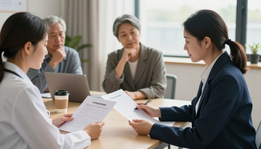 A professional setting depicting a diverse group of individuals in a consultation about disability evaluation for diabetes. In the foreground, an empathetic healthcare professional, dressed in smart business attire, is discussing documents with a middle-aged person, also in professional clothing, who is looking thoughtful. In the middle, a table displays medical papers, a laptop, and a coffee cup, symbolizing collaboration and support. The background features a warm, inviting office space with soft natural lighting streaming through a large window, creating a hopeful atmosphere. The overall mood is one of understanding and empowerment, highlighting the importance of support and recognition for individuals with diabetes. A professional setting depicting a diverse group of individuals in a consultation about disability evaluation for diabetes. In the foreground, an empathetic healthcare professional, dressed in smart business attire, is discussing documents with a middle-aged person, also in professional clothing, who is looking thoughtful. In the middle, a table displays medical papers, a laptop, and a coffee cup, symbolizing collaboration and support. The background features a warm, inviting office space with soft natural lighting streaming through a large window, creating a hopeful atmosphere. The overall mood is one of understanding and empowerment, highlighting the importance of support and recognition for individuals with diabetes.