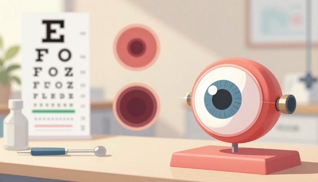 A realistic medical illustration depicting various possible causes of vision deterioration after cataract surgery. In the foreground, show an eye chart with blurred letters and an eye model with distinct features representing common issues like floaters and flashes of light. In the middle ground, include subtle representations of cataracts and retinal detachment, illustrated with soft, muted colors to convey a clinical atmosphere. The background should feature a serene ophthalmology clinic setting with soft, natural lighting, warm tones, and medical instruments arranged neatly. The overall mood should be informative yet calming, inviting readers to reflect on their eye health. Ensure no text or logos are visible in the image.