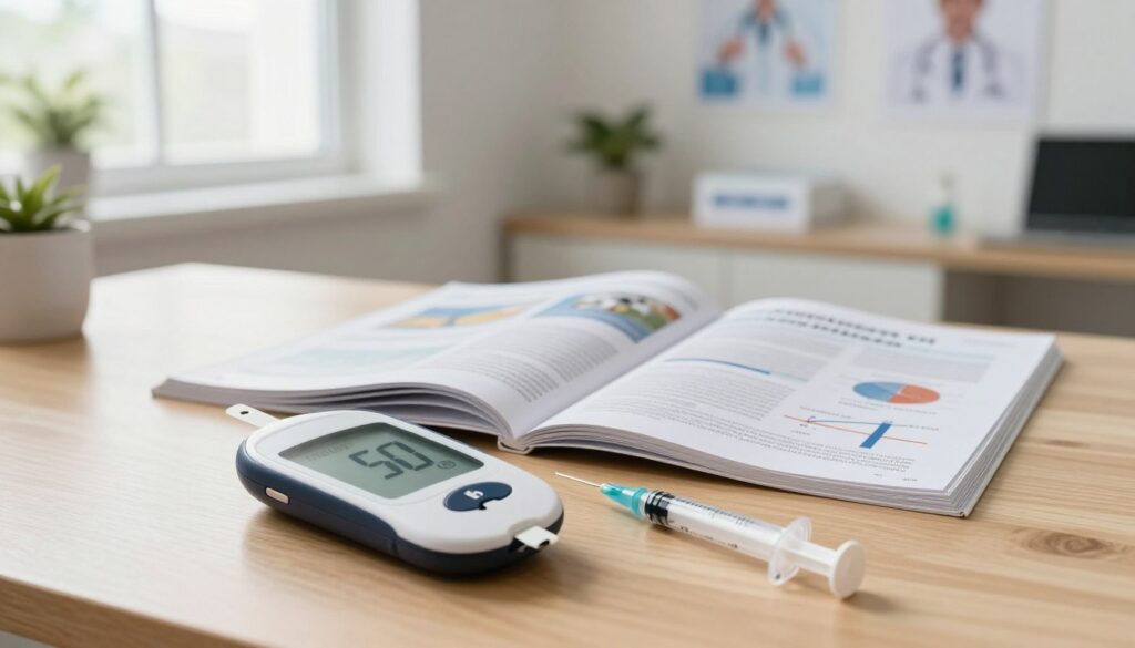 A serene and informative scene depicting a blood glucose measurement setup. In the foreground, a digital glucometer with a clear screen displaying a numerical blood sugar reading is placed on a wooden desk. Next to it, a fresh blood sample in a small vial, alongside a clean insulin syringe. The middle ground features a well-organized health magazine open to a page on diabetes management, with charts showing normal and high glucose levels. The background includes a softly lit doctor's office, with light streaming through a window, illuminating potted plants and medical posters on the walls. The atmosphere is calm and professional, conveying a sense of health awareness and control.
