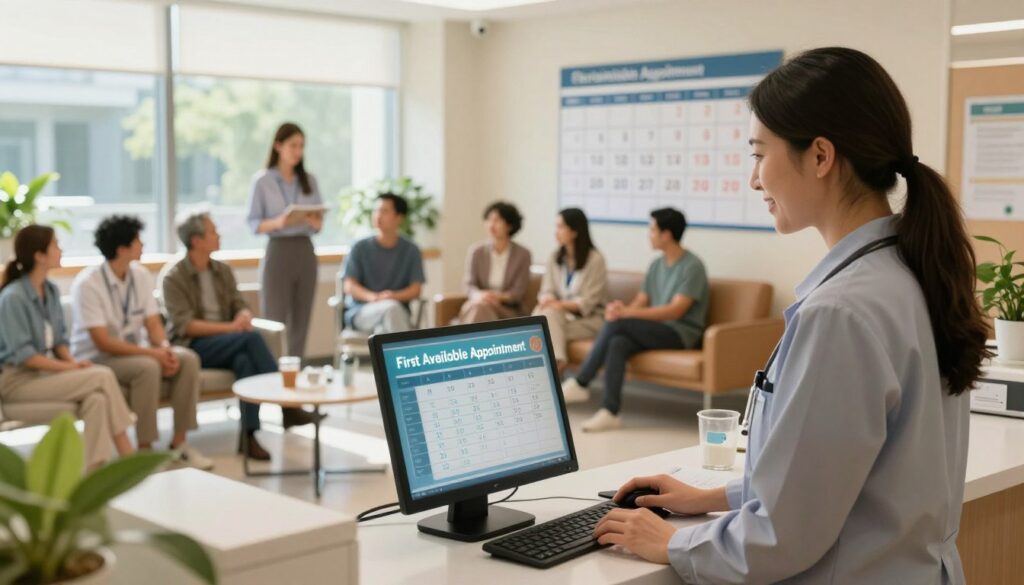 A serene and informative scene depicting a busy healthcare facility reception area with medical professionals in business attire assisting patients. In the foreground, a friendly receptionist smiles while checking a digital appointment schedule on a computer screen, highlighting the phrase "First Available Appointment" in bold, glowing letters. The middle ground features anxious yet hopeful patients sitting in a comfortable waiting area, reviewing large calendar boards with available dates and times. In the background, a large window lets in warm, natural light, creating an inviting atmosphere, with greenery visible outside. Soft shadows add depth to the room. The overall mood conveys a sense of urgency mixed with optimism as individuals navigate the path to cataract surgery appointments. A serene and informative scene depicting a busy healthcare facility reception area with medical professionals in business attire assisting patients. In the foreground, a friendly receptionist smiles while checking a digital appointment schedule on a computer screen, highlighting the phrase "First Available Appointment" in bold, glowing letters. The middle ground features anxious yet hopeful patients sitting in a comfortable waiting area, reviewing large calendar boards with available dates and times. In the background, a large window lets in warm, natural light, creating an inviting atmosphere, with greenery visible outside. Soft shadows add depth to the room. The overall mood conveys a sense of urgency mixed with optimism as individuals navigate the path to cataract surgery appointments.