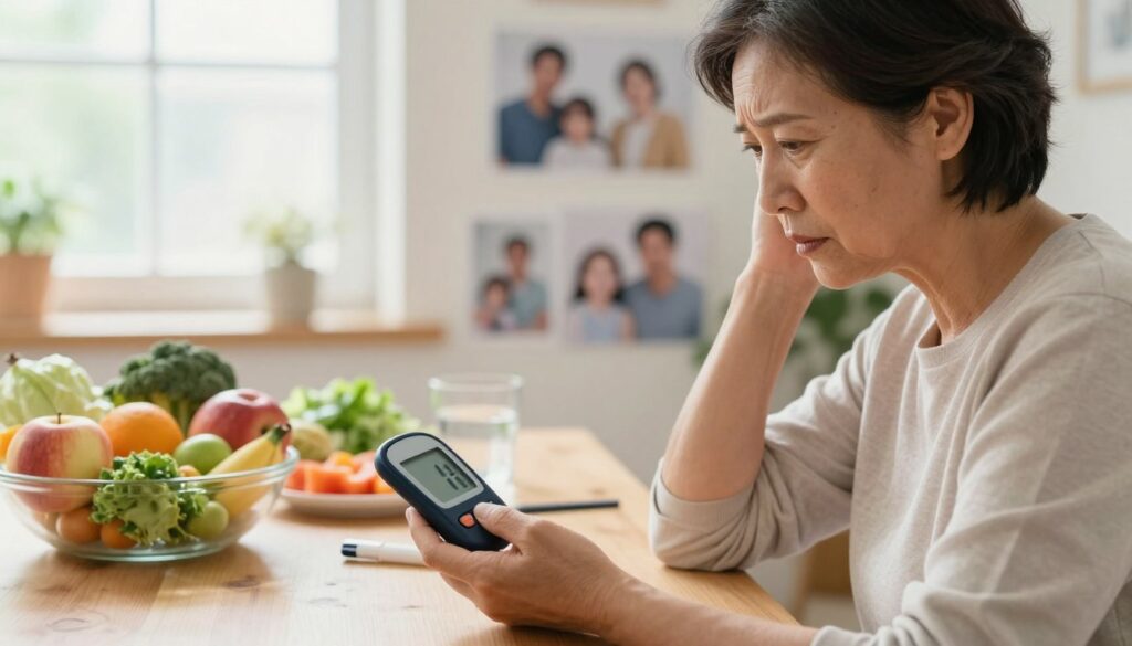A serene and informative scene depicting daily symptoms associated with diabetes. In the foreground, a middle-aged person, casually dressed, is sitting at a dining table, observing a glucose meter with a concerned expression. Bright, natural light streams through a window, creating a warm atmosphere. In the middle ground, a colorful assortment of healthy foods like fruits and vegetables is visible, emphasizing a balanced diet. The background features softly blurred family photographs, symbolizing support and everyday life, enhancing the mood. The overall composition conveys awareness and understanding of diabetes-related symptoms in a relatable context, encouraging attention to one's health without any text or distractions.