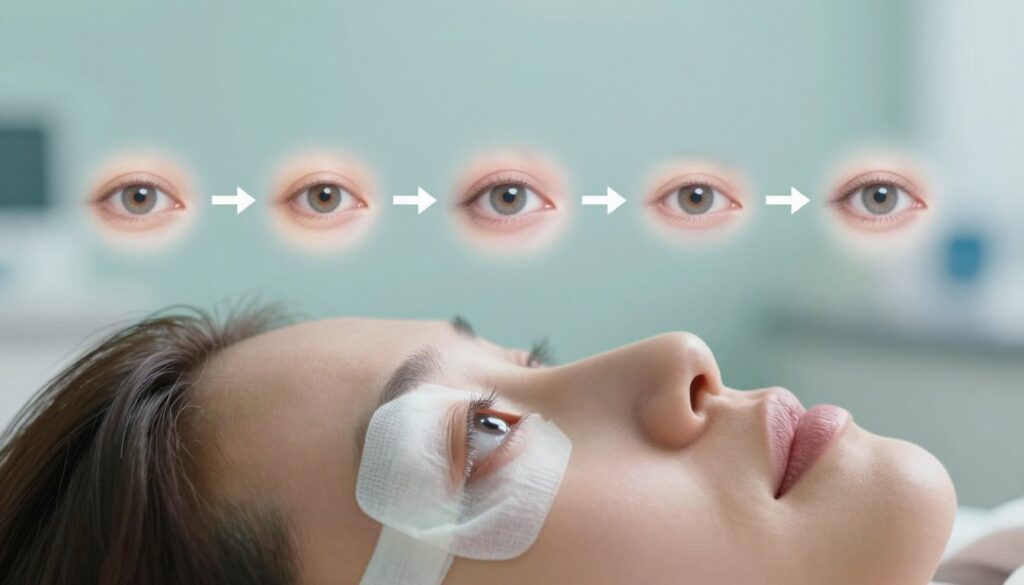A serene and informative scene illustrating the stages of eye healing after glaucoma surgery. In the foreground, show a close-up of a patient's eye, gently bandaged, with soft natural light highlighting the textures and colors of the eye. The middle ground features a visual representation of the healing process: a timeline with soft, diffuse images of the eye at different stages, blending in a gradual progression from surgery to full recovery. The background should be a tranquil clinic setting with soft, calming colors and minimal distractions, evoking a sense of safety and care. The overall mood is hopeful and reassuring, reflecting the journey towards regaining daily activities after surgery. Use a shallow depth of field to keep focus on the eye and stages of recovery, with soft bokeh effects in the background.