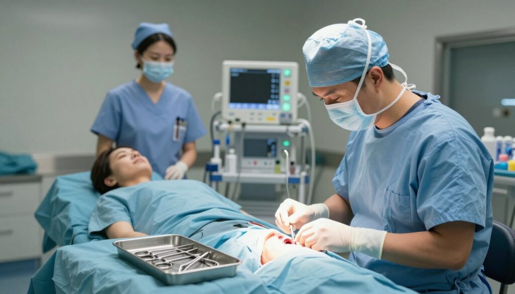A serene and professional medical environment focusing on the theme of "safety during surgery." In the foreground, a well-lit operating table is depicted, with essential surgical instruments neatly arranged on a sterile tray. A skilled, attentive surgeon in professional attire, including scrubs, gloves, and a mask, is shown preparing for a cataract surgery, demonstrating assurance and expertise. In the middle, a patient lies calmly on the operating table, showing trust in the procedure, while a nurse stands nearby, attentively monitoring equipment. The background features soft, ambient lighting, highlighting various medical tools and monitors, creating a reassuring atmosphere. The overall mood conveys professionalism, safety, and calmness, reflecting the importance of understanding potential complications and ensuring a secure surgical experience. A serene and professional medical environment focusing on the theme of "safety during surgery." In the foreground, a well-lit operating table is depicted, with essential surgical instruments neatly arranged on a sterile tray. A skilled, attentive surgeon in professional attire, including scrubs, gloves, and a mask, is shown preparing for a cataract surgery, demonstrating assurance and expertise. In the middle, a patient lies calmly on the operating table, showing trust in the procedure, while a nurse stands nearby, attentively monitoring equipment. The background features soft, ambient lighting, highlighting various medical tools and monitors, creating a reassuring atmosphere. The overall mood conveys professionalism, safety, and calmness, reflecting the importance of understanding potential complications and ensuring a secure surgical experience.