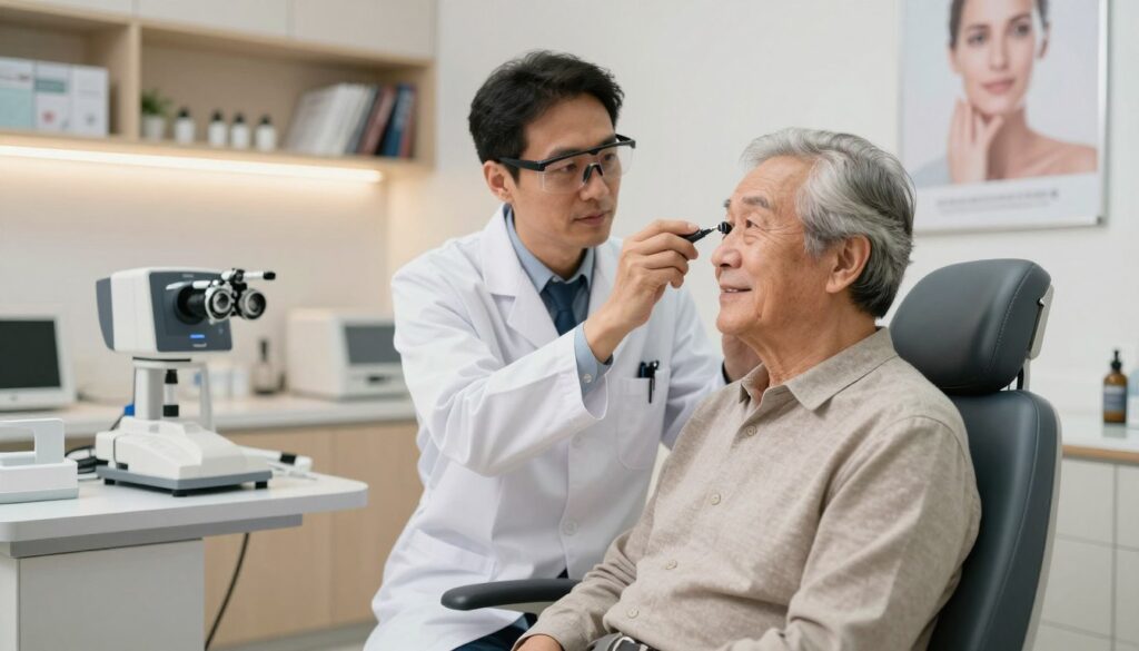 A serene and professional setting in a well-lit eye care clinic. In the foreground, an elderly patient, dressed in modest casual clothing, sits comfortably in an eye examination chair, looking relaxed and hopeful. In the middle, an ophthalmologist, wearing a lab coat and safety glasses, is gently examining the patient's eyes with medical instruments, focusing on them with a reassuring expression. The background features soft lighting, shelves with eye care equipment, and a calming medical poster about recovery after cataract surgery. The atmosphere is tranquil and supportive, reflecting the essence of healing and the journey back to clear vision after cataract surgery. The image should have a depth of field that softly blurs the background, emphasizing the interaction between the patient and the doctor.