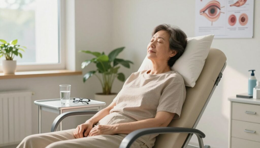 A serene, brightly lit medical recovery room focusing on a middle-aged person sitting comfortably in a reclining chair, wearing modest casual clothing. Their eyes are gently closed, indicating relaxation, with supportive pillows around them. A soft sunlight filters through a nearby window, casting warm light across the room, enhancing the peaceful atmosphere. In the background, there are medical posters on the walls displaying eye anatomy and recovery tips, alongside potted plants adding a touch of nature. On a small medical table next to the chair, there's a glass of water and a pair of glasses. The scene conveys a sense of calm and reassurance, highlighting the recovery process after cataract surgery.