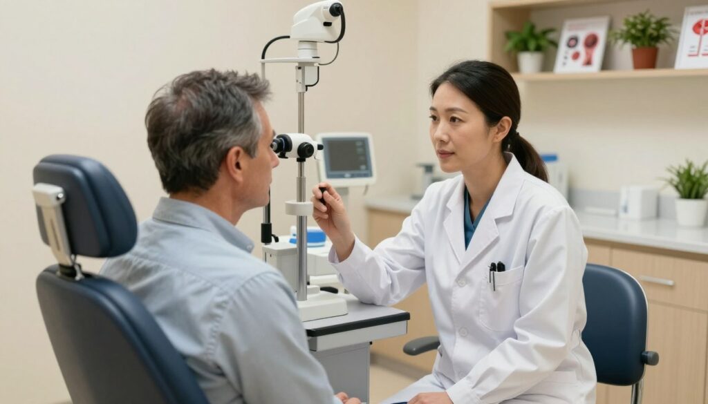 A serene clinic interior focused on glaucoma treatment. In the foreground, a compassionate eye specialist, a middle-aged Asian woman in a white lab coat, is examining a patient, a middle-aged Caucasian man in a smart casual shirt. The atmosphere is calm and professional, with soft, diffused lighting creating a warm ambiance. In the middle ground, a modern examination chair and medical instruments are visible, emphasizing the clinical setting. Shelves in the background feature educational materials about glaucoma, with potted plants adding a touch of life. The angle is slightly elevated, providing a comprehensive view of the interaction between doctor and patient, showcasing the importance of glaucoma treatment and care.