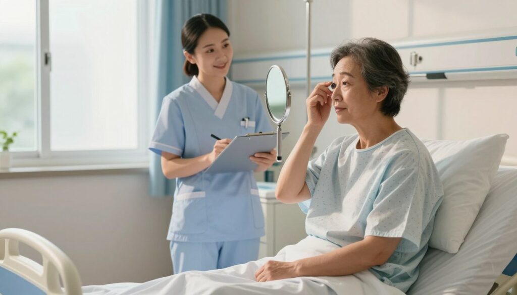 A serene hospital room focused on a patient recovering from cataract surgery. In the foreground, a middle-aged person, wearing a light hospital gown and modest casual clothing, is sitting on a hospital bed with a gentle expression, holding a small mirror to examine their eye. In the middle ground, a nurse in professional attire stands beside the bed, checking a clipboard with a supportive smile. Soft natural light filters through a window, casting a warm glow over the room, highlighting medical equipment in the background. The atmosphere is calm and reassuring, emphasizing recovery and care, with clean lines and soft colors, evoking a sense of hope and healing.