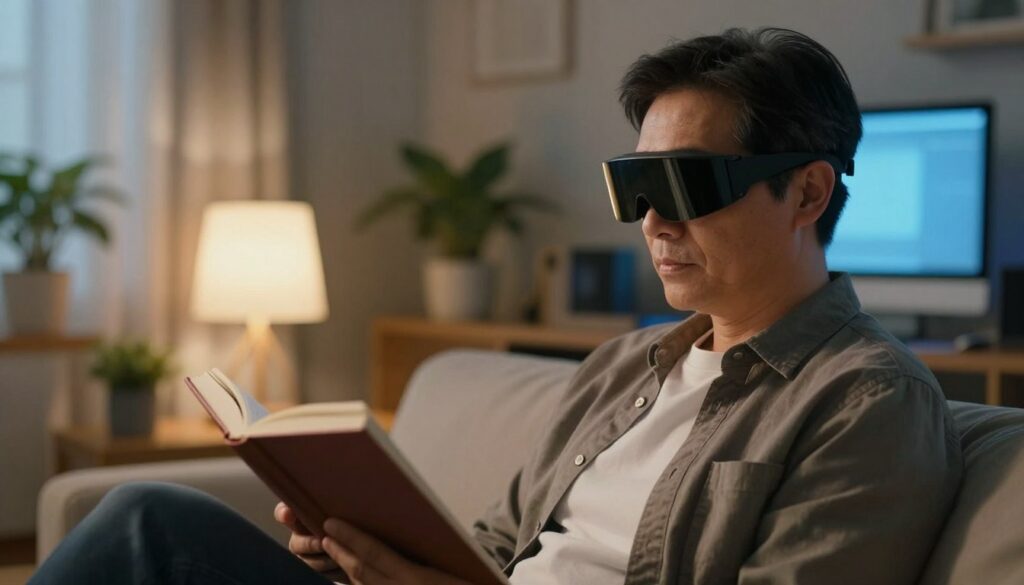 A serene indoor setting where a person is comfortably reading a book while wearing stylish protective eyewear designed for screen use. In the foreground, focus on the individual, a middle-aged person dressed in smart casual attire, with a look of concentration and relaxation. The middle ground features a softly glowing desk lamp with warm light illuminating the pages of the book, casting gentle shadows. In the background, a cozy living room with soft hues, featuring a few plants and a computer screen emitting a cool blue light, symbolizing modern technology. The ambiance is calm and focused, with a slight bokeh effect on the background to emphasize the importance of eye protection in daily activities.