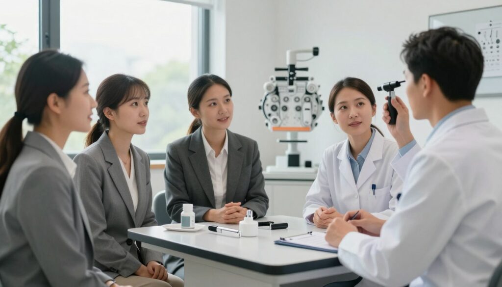 A serene, informative scene depicting an eye examination setting for glaucoma risk assessment. In the foreground, a diverse group of individuals, dressed in professional business attire, is discussing health with a healthcare professional, who is using a modern tonometer. In the middle ground, an eye chart and medical instruments are arranged neatly on a sleek, well-lit examination table. The background features a large, well-illuminated window showing a calm outdoor view to convey a sense of peace and focus. Soft, natural lighting enhances the room, creating a welcoming atmosphere. The image should evoke a mood of reassurance and importance regarding eye health, emphasizing the significance of regular check-ups. A serene, informative scene depicting an eye examination setting for glaucoma risk assessment. In the foreground, a diverse group of individuals, dressed in professional business attire, is discussing health with a healthcare professional, who is using a modern tonometer. In the middle ground, an eye chart and medical instruments are arranged neatly on a sleek, well-lit examination table. The background features a large, well-illuminated window showing a calm outdoor view to convey a sense of peace and focus. Soft, natural lighting enhances the room, creating a welcoming atmosphere. The image should evoke a mood of reassurance and importance regarding eye health, emphasizing the significance of regular check-ups.