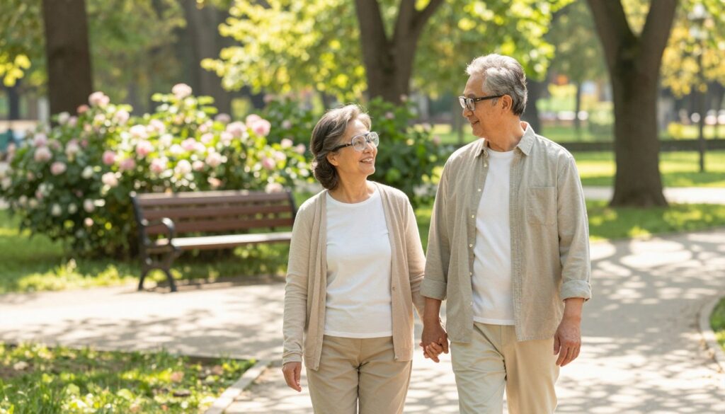 A serene lifestyle scene depicting a mature couple engaging in gentle activities post-cataract surgery. In the foreground, the couple, dressed in modest casual clothing, holds hands while strolling in a sunlit park, showcasing their careful approach to activity. The middle ground features a wooden bench and flowering bushes, suggesting relaxation and recovery. In the background, soft sunlight filters through leafy trees, casting dappled shadows on a well-maintained path. The atmosphere is calm and uplifting, conveying a sense of hope and prudent joy in their post-operative lifestyle. Use a warm color palette, with soft lighting for an inviting mood, and ensure the photo is taken from a slightly elevated angle to encompass the couple and the surrounding nature.